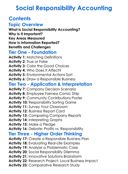 Social Responsibility Accounting Worksheet Activity Booklet