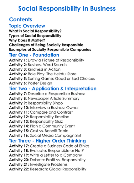 Social Responsibility In Business Worksheet Activity Booklet