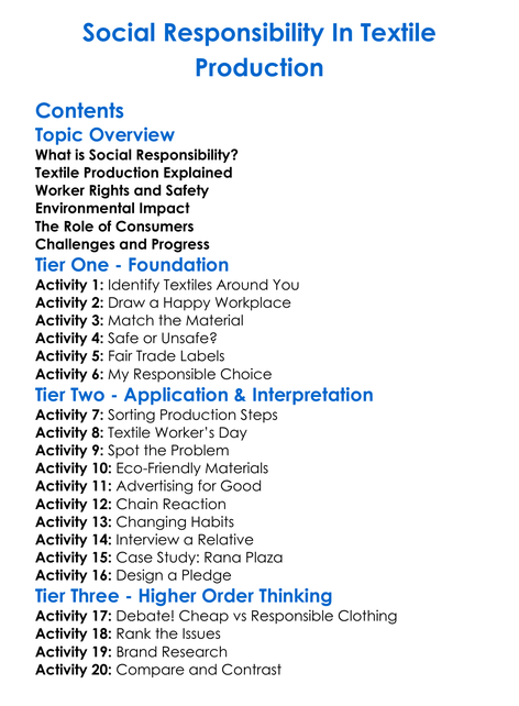 Social Responsibility In Textile Production Worksheet Activity Booklet