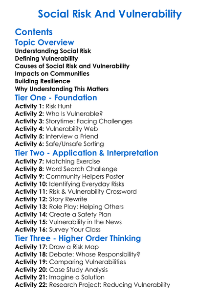 Social Risk And Vulnerability Worksheet Activity Booklet