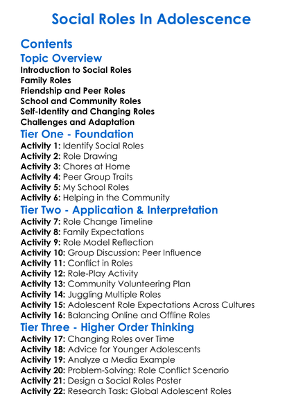 Social Roles In Adolescence Worksheet Activity Booklet