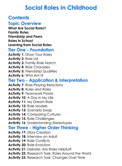 Social Roles In Childhood Worksheet Activity Booklet