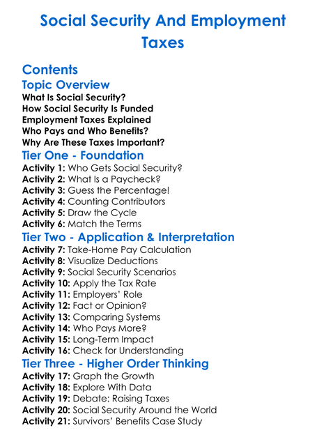 Social Security And Employment Taxes Worksheet Activity Booklet