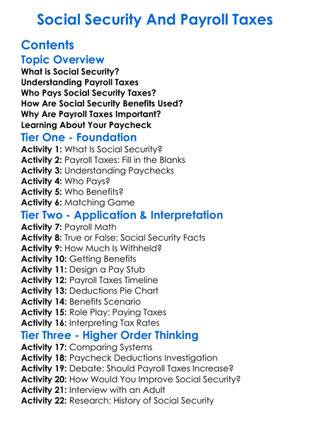 Social Security And Payroll Taxes Worksheet Activity Booklet
