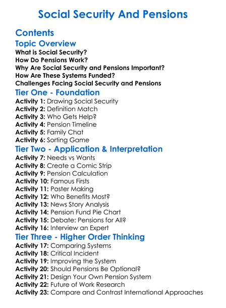 Social Security And Pensions Worksheet Activity Booklet