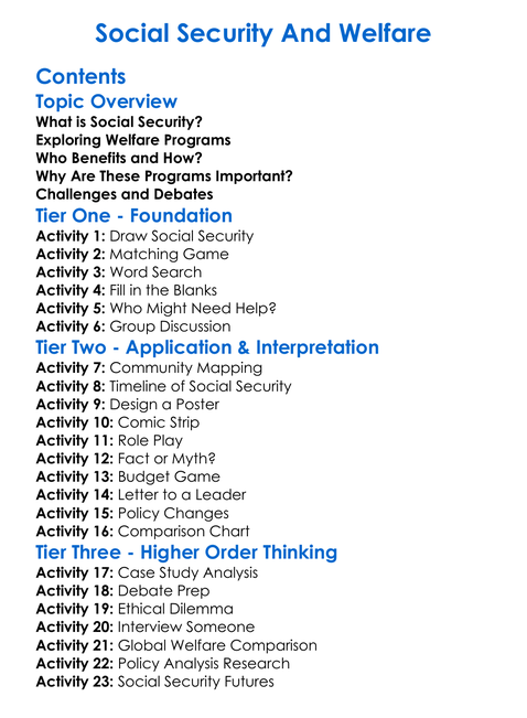 Social Security And Welfare Worksheet Activity Booklet