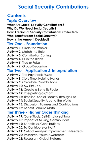 Social Security Contributions Worksheet Activity Booklet