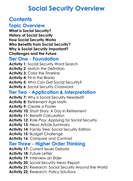 Social Security Overview Worksheet Activity Booklet