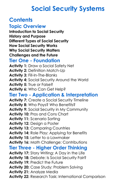 Social Security Systems Worksheet Activity Booklet
