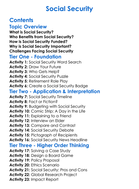 Social Security Worksheet Activity Booklet