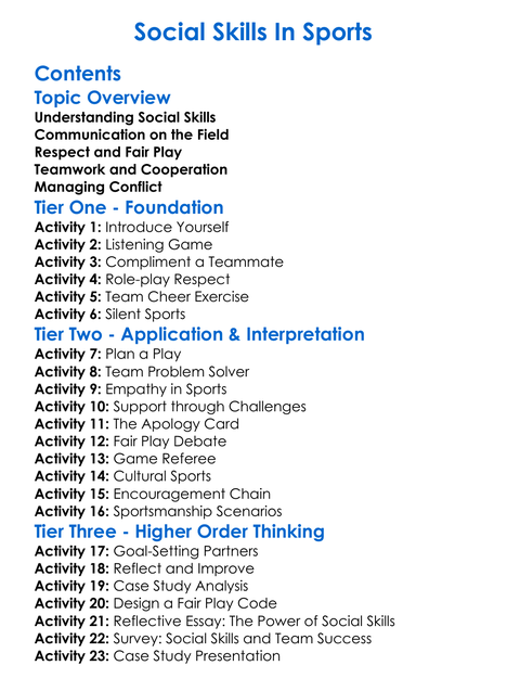 Social Skills In Sports Worksheet Activity Booklet