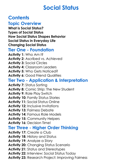 Social Status Worksheet Activity Booklet