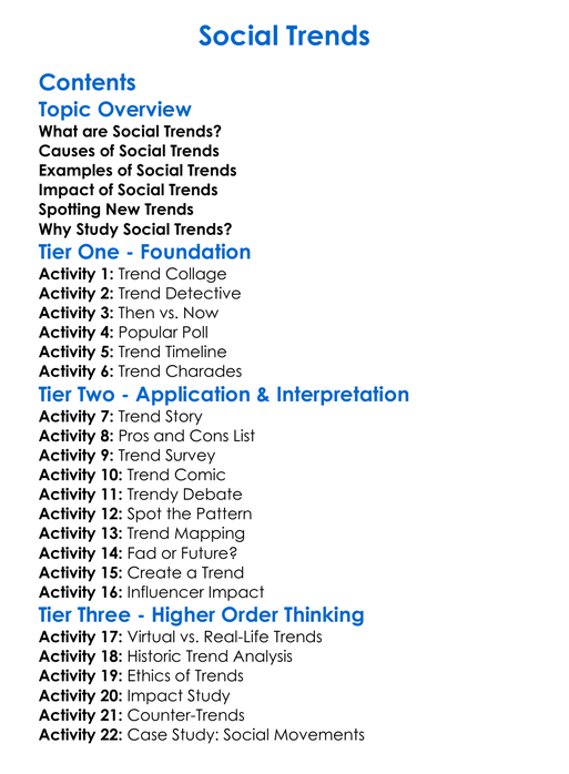 Social Trends Worksheet Activity Booklet