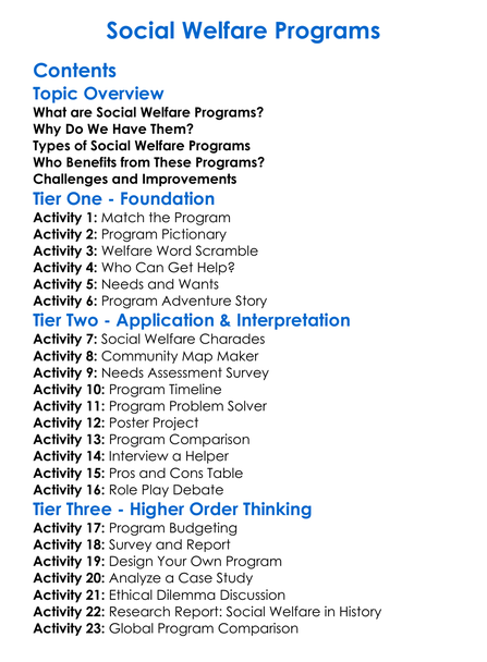 Social Welfare Programs Worksheet Activity Booklet