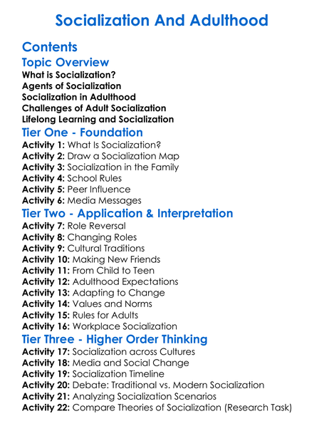 Socialization And Adulthood Worksheet Activity Booklet