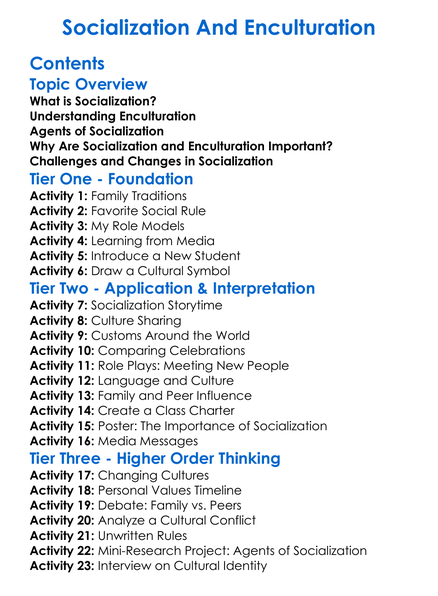 Socialization And Enculturation Worksheet Activity Booklet