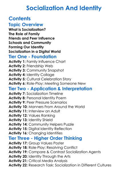Socialization And Identity Worksheet Activity Booklet
