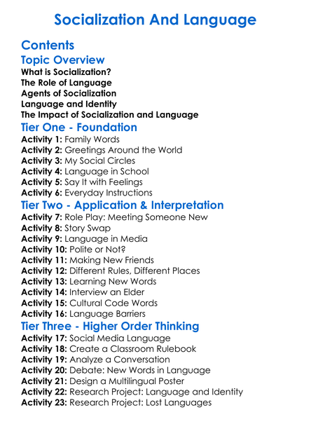 Socialization And Language Worksheet Activity Booklet