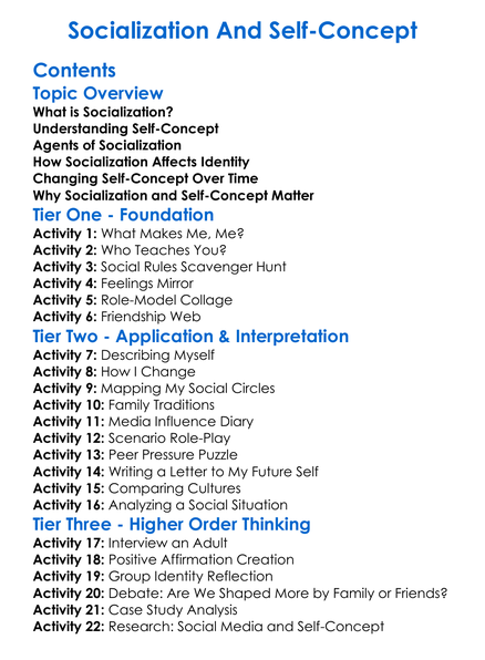 Socialization And Self-Concept Worksheet Activity Booklet