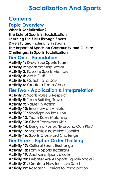 Socialization And Sports Worksheet Activity Booklet
