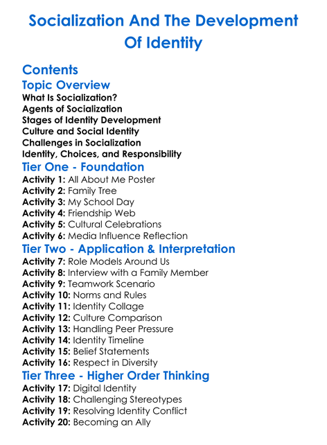Socialization And The Development Of Identity Worksheet Activity Booklet