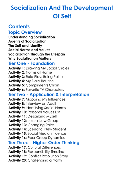 Socialization And The Development Of Self Worksheet Activity Booklet