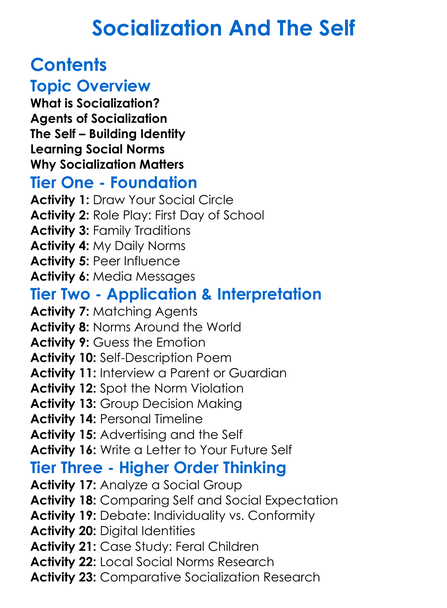 Socialization And The Self Worksheet Activity Booklet