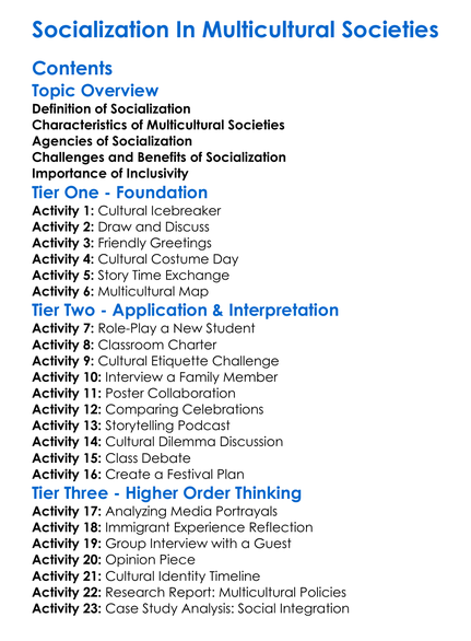 Socialization In Multicultural Societies Worksheet Activity Booklet