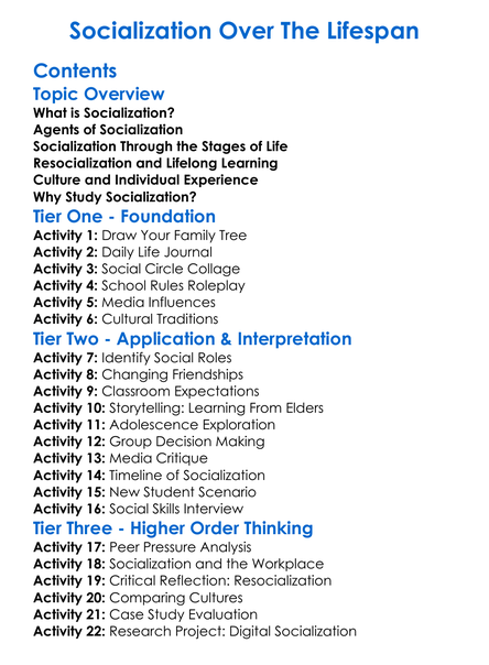Socialization Over The Lifespan Worksheet Activity Booklet