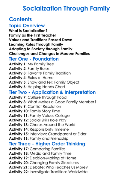 Socialization Through Family Worksheet Activity Booklet