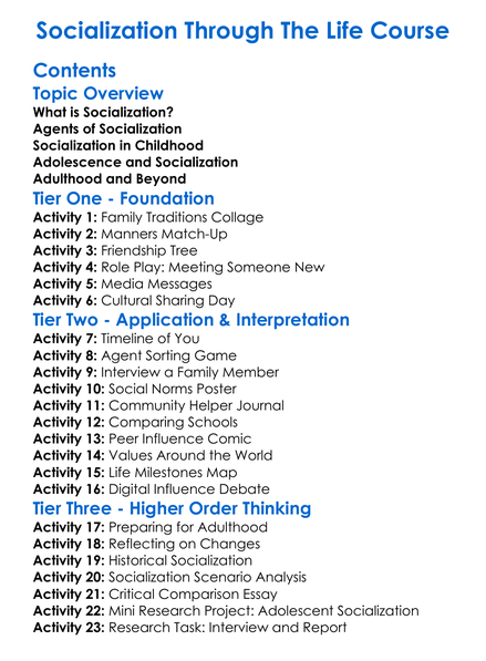 Socialization Through The Life Course Worksheet Activity Booklet