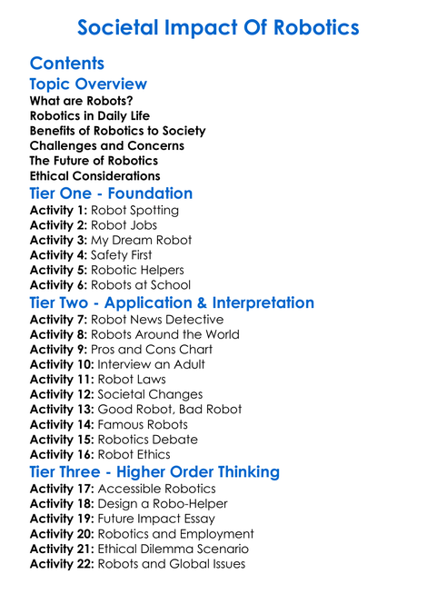 Societal Impact Of Robotics Worksheet Activity Booklet
