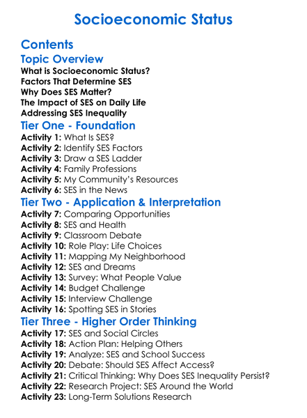 Socioeconomic Status Worksheet Activity Booklet