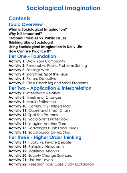 Sociological Imagination Worksheet Activity Booklet