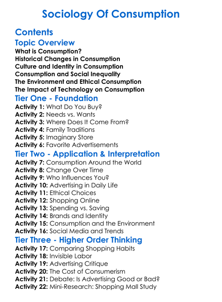 Sociology Of Consumption Worksheet Activity Booklet