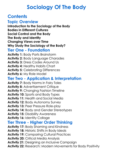 Sociology Of The Body Worksheet Activity Booklet
