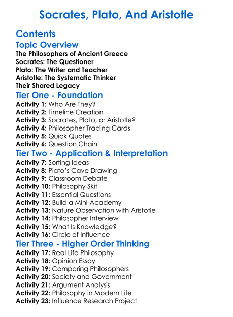 Socrates Plato And Aristotle Worksheet Activity Booklet