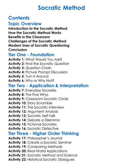 Socratic Method Worksheet Activity Booklet