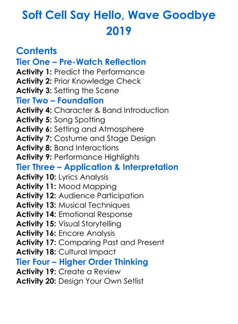 Soft Cell Say Hello Wave Goodbye 2019 Worksheet Activity Booklet