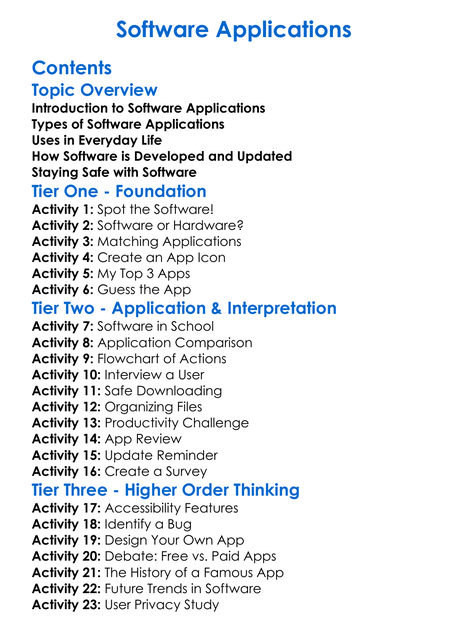 Software Applications Worksheet Activity Booklet