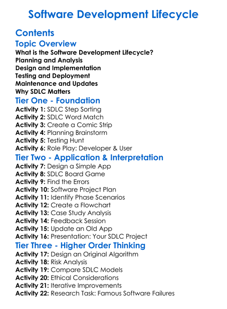 Software Development Lifecycle Worksheet Activity Booklet