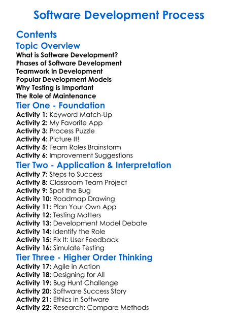 Software Development Process Worksheet Activity Booklet