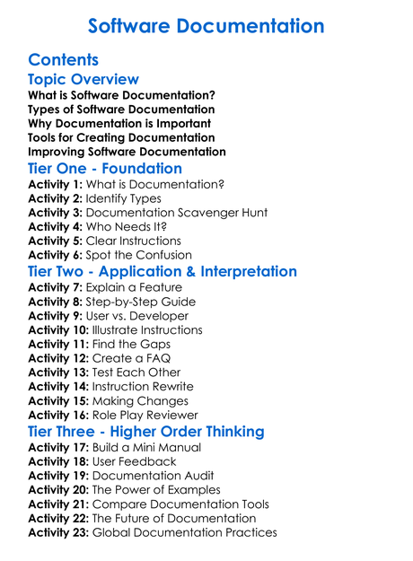 Software Documentation Worksheet Activity Booklet
