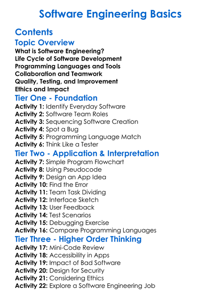 Software Engineering Basics Worksheet Activity Booklet