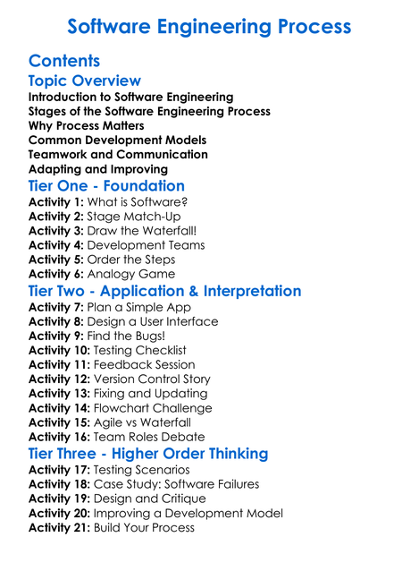 Software Engineering Process Worksheet Activity Booklet