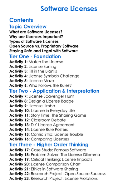 Software Licenses Worksheet Activity Booklet