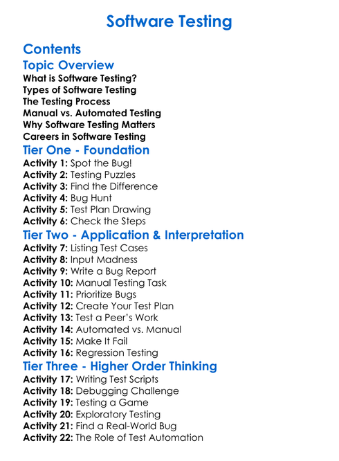 Software Testing Worksheet Activity Booklet