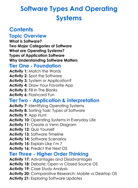 Software Types And Operating Systems Worksheet Activity Booklet