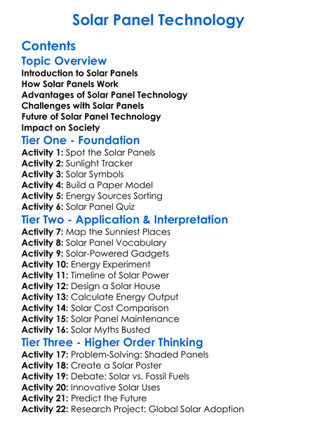 Solar Panel Technology Worksheet Activity Booklet
