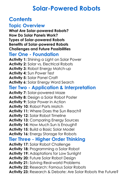 Solar-Powered Robots Worksheet Activity Booklet
